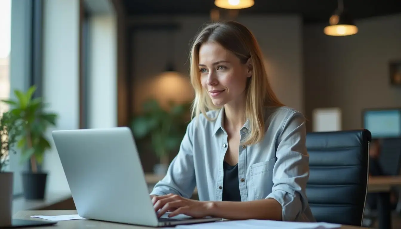 A woman organizes digital content in a modern office setting.