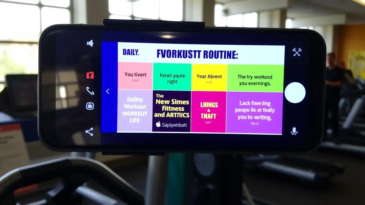 A digital screen in a gym displays a colorful daily workout routine.