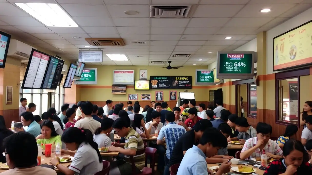 A busy restaurant interior with people enjoying meals and digital signs. A busy restaurant interior with people enjoying meals and digital signs.