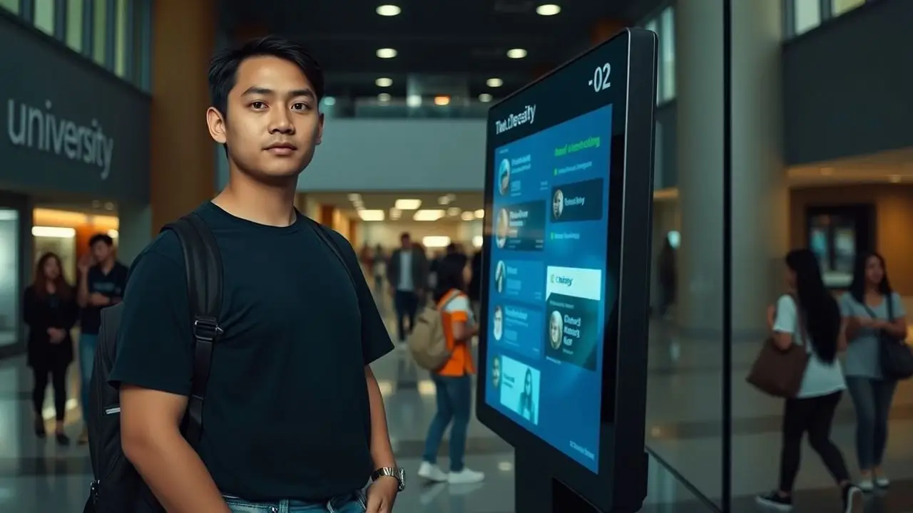 A college student interacts with a touchscreen display in a busy atrium.