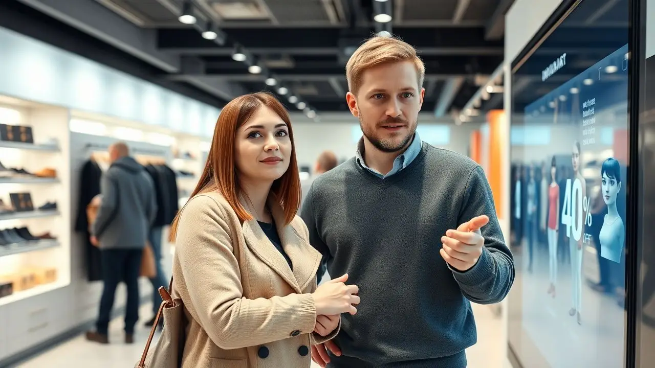 A couple in a retail store interacting with an augmented reality display.