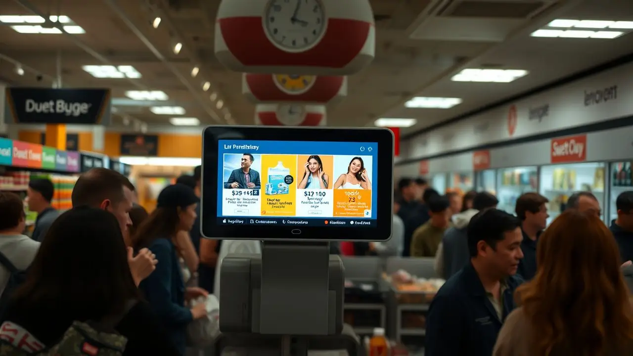 A digital signage screen displaying colorful promotions in a busy store.