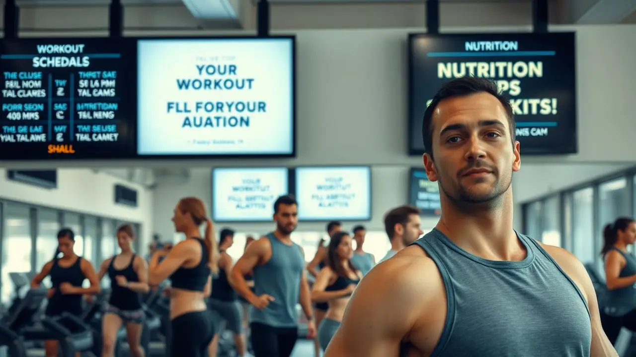 A modern gym with digital displays and diverse people exercising.