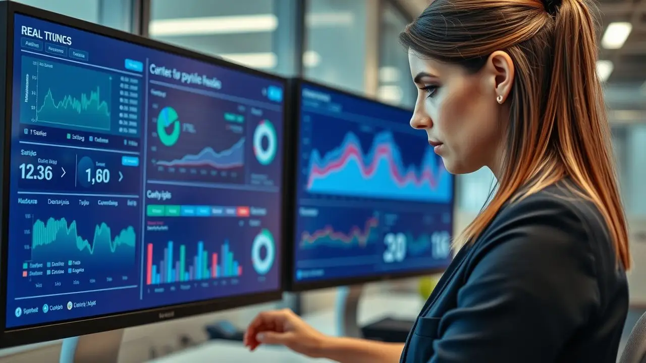 A woman in her 30s working in a modern office updating digital screen. A woman in her 30s working in a modern office updating digital screen.