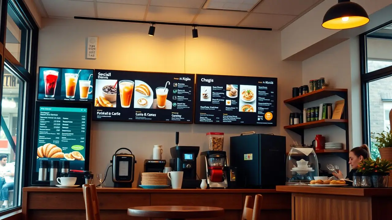 A cozy coffee shop with modern digital menu board and friendly atmosphere. A cozy coffee shop with modern digital menu board and friendly atmosphere.