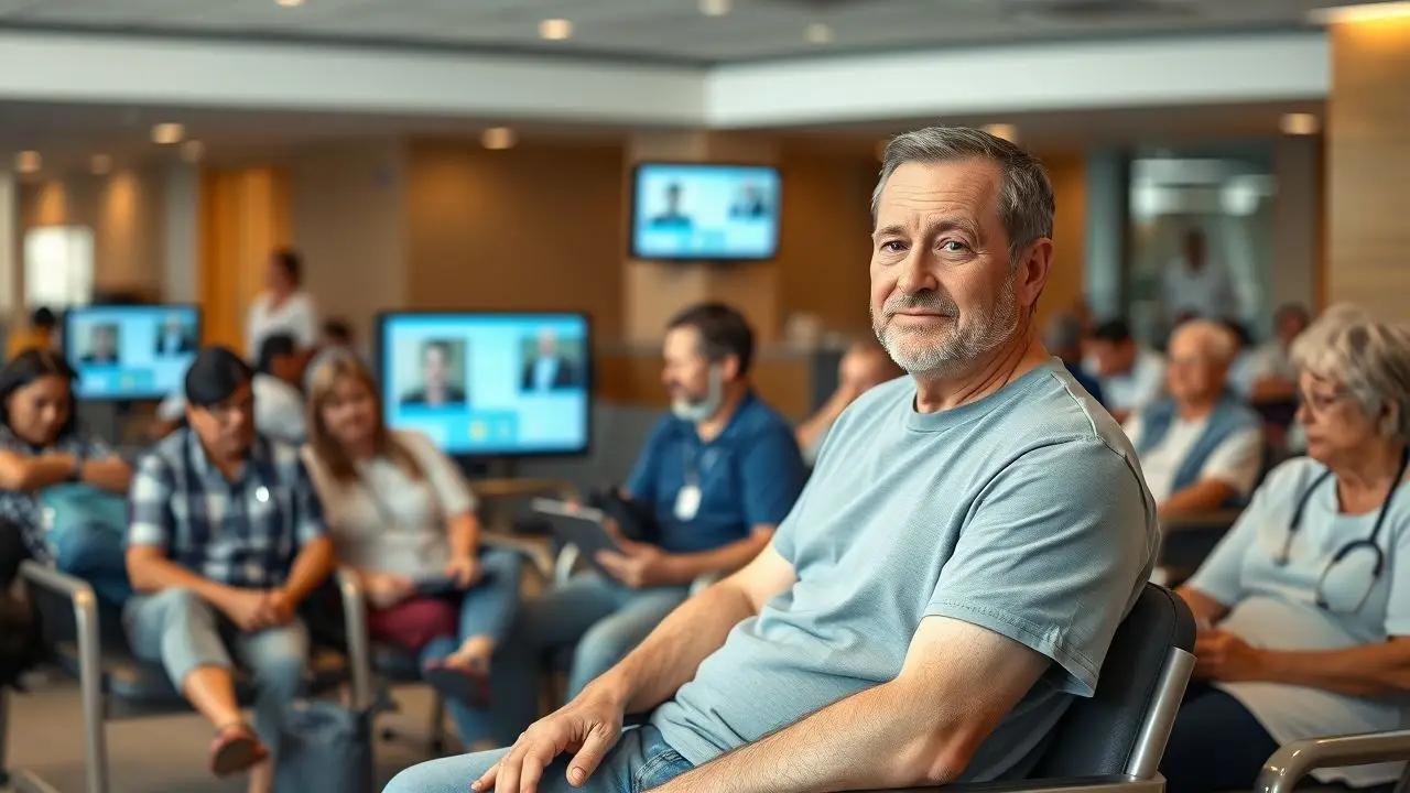 Diverse patients in modern hospital waiting area interact with digital screens.