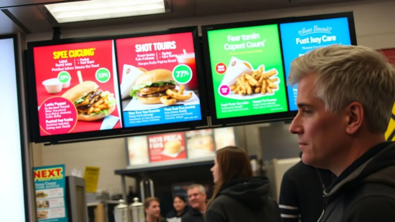 A digital signage in a restaurant displays vibrant special menu items. A digital signage in a restaurant displays vibrant special menu items.