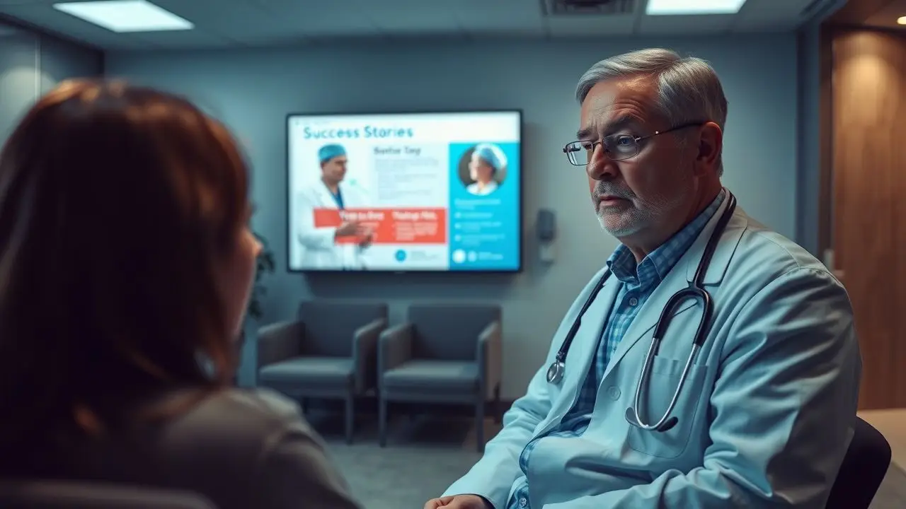 A doctor explains a medical procedure using digital screen to a patient.