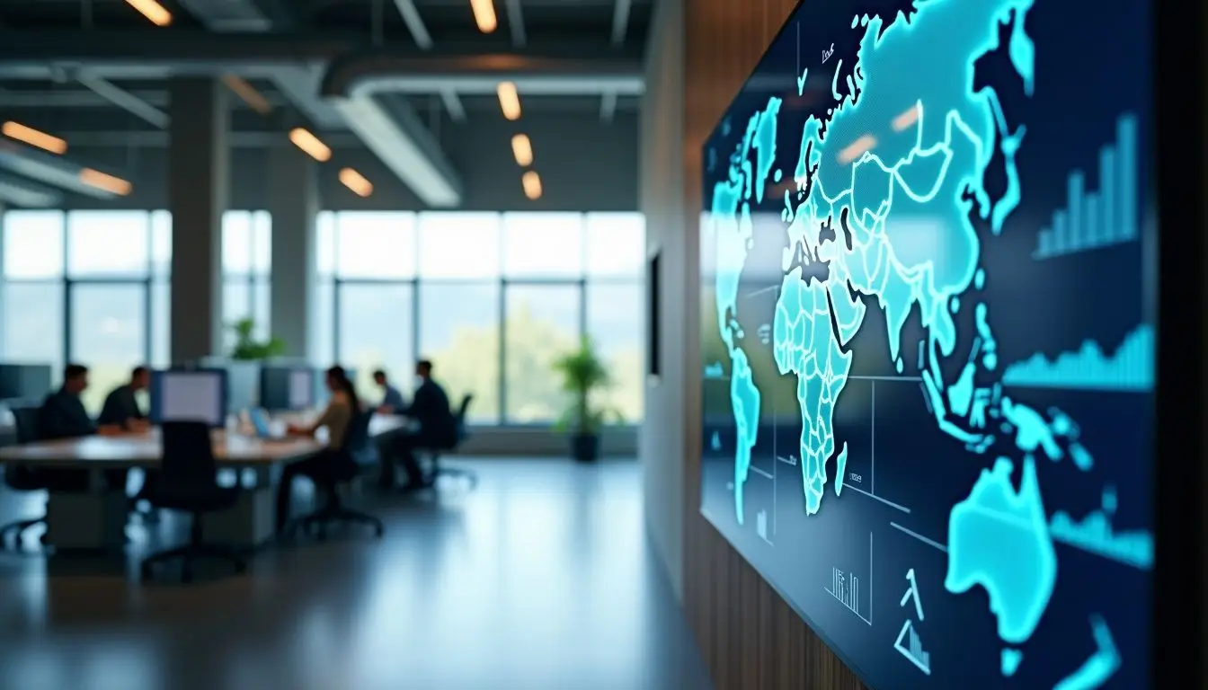 A modern office with digital displays powered by cloud technology.
