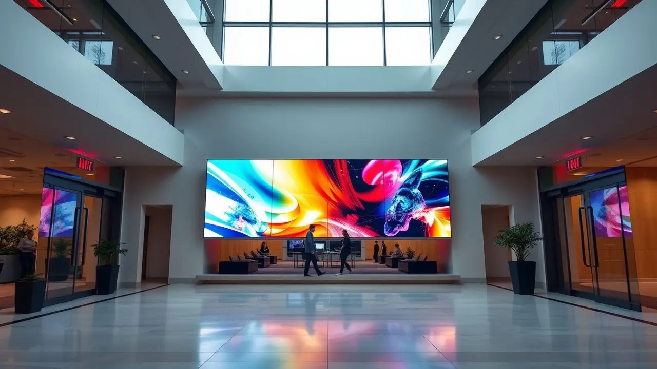 A modern corporate office lobby with sleek digital signage. A modern corporate office lobby with sleek digital signage.