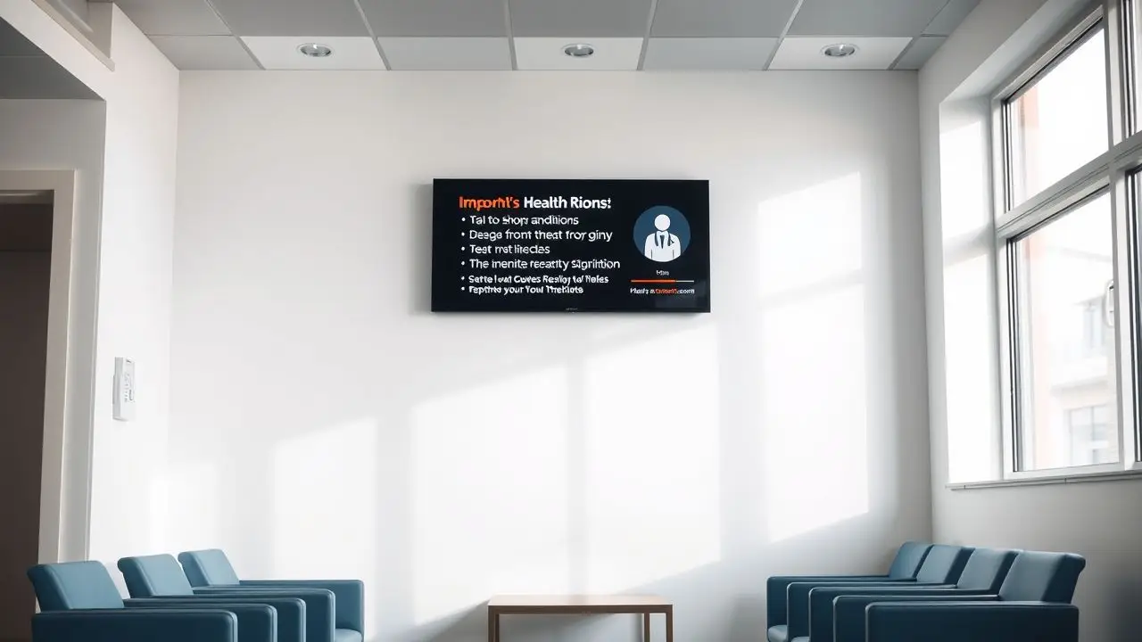 A modern doctor's waiting room with digital health tips display.
