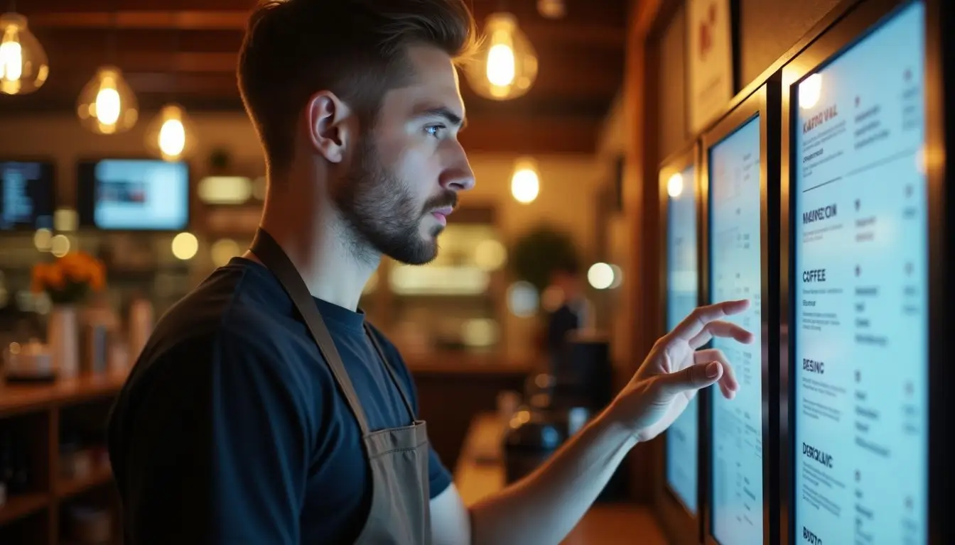 A barista updating a digital menu board in a cozy café. A barista updating a digital menu board in a cozy café.