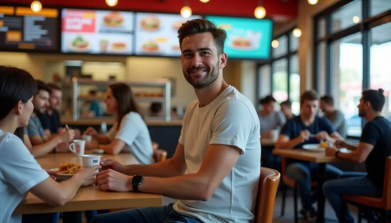 A busy fast food restaurant in 2025 with digital signage and diverse customers. A busy fast food restaurant in 2025 with digital signage and diverse customers.