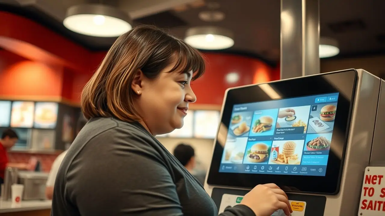 A fast-food customer using a digital menu board at a self-service kiosk. A fast-food customer using a digital menu board at a self-service kiosk.