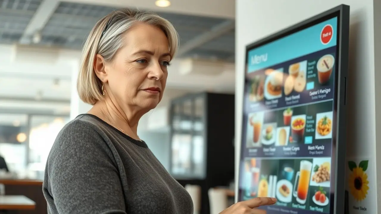 A woman looks at a digital menu in a modern café. A woman looks at a digital menu in a modern café.