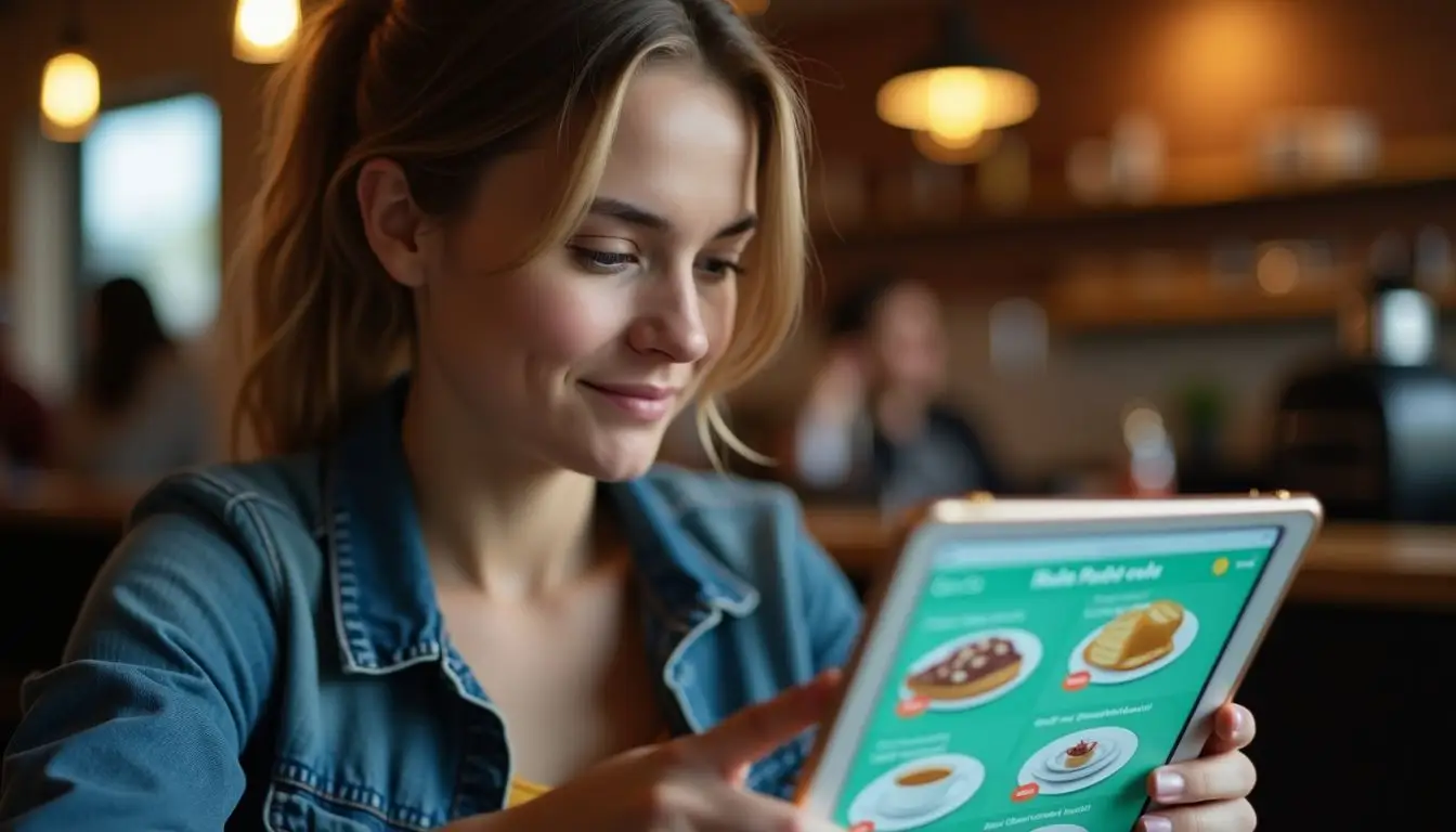 A woman in a casual coffee shop looks at a digital menu. A woman in a casual coffee shop looks at a digital menu.