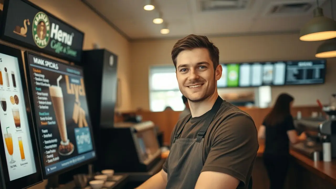 A barista updating digital menu board in a casual coffee shop.