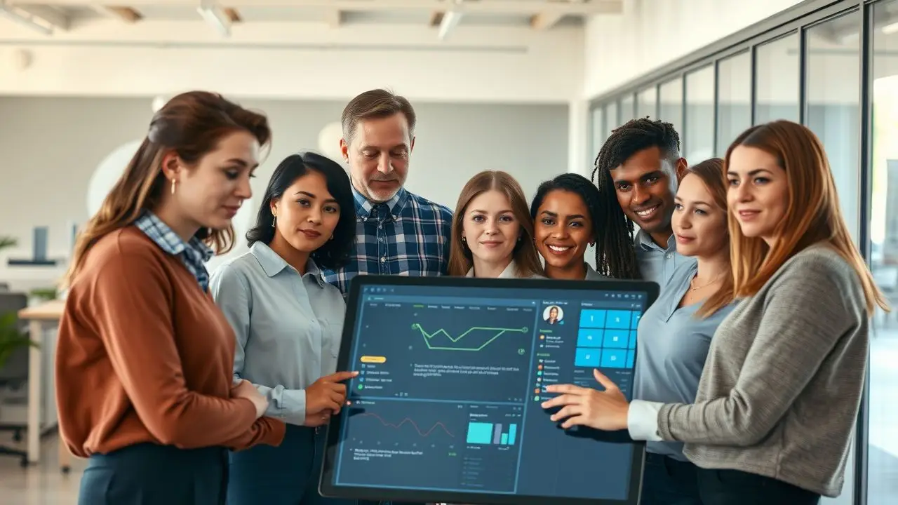 A group of employees gathered around a digital display in an office. A group of employees gathered around a digital display in an office.
