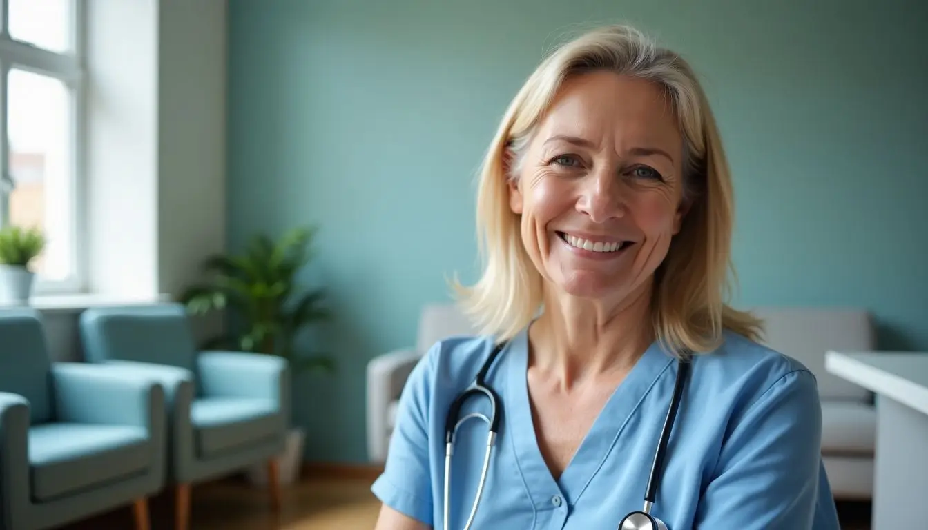 Middle-aged woman waiting in a modern, clean doctor's office.