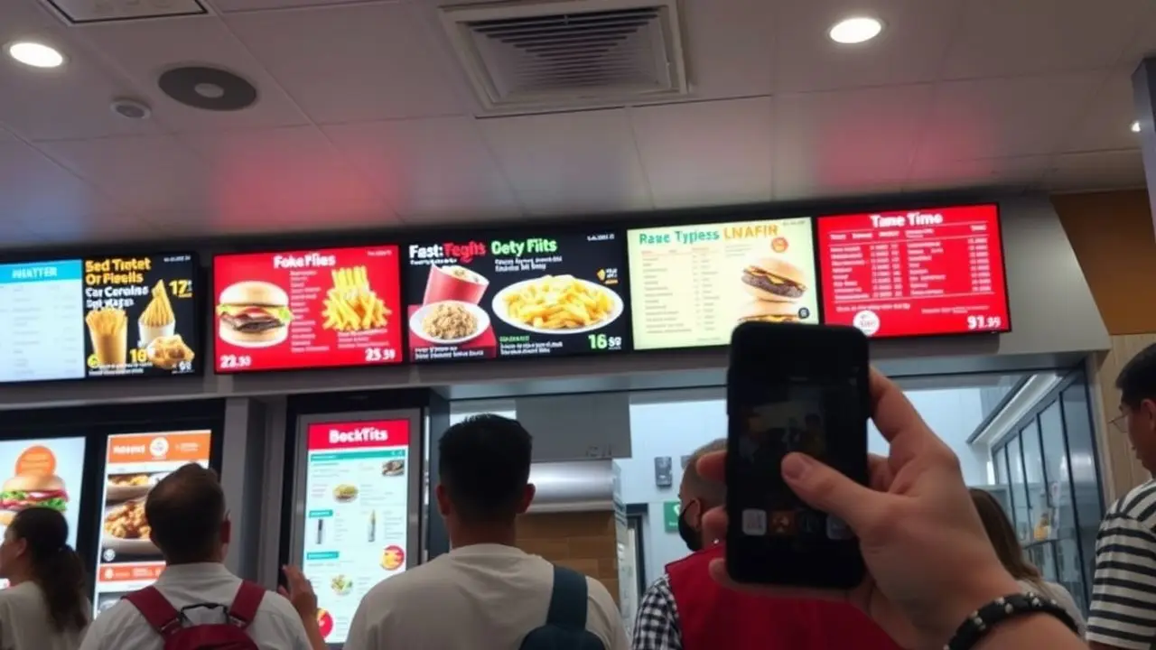 A modern fast-food restaurant with digital menu boards and lively atmosphere. A modern fast-food restaurant with digital menu boards and lively atmosphere.