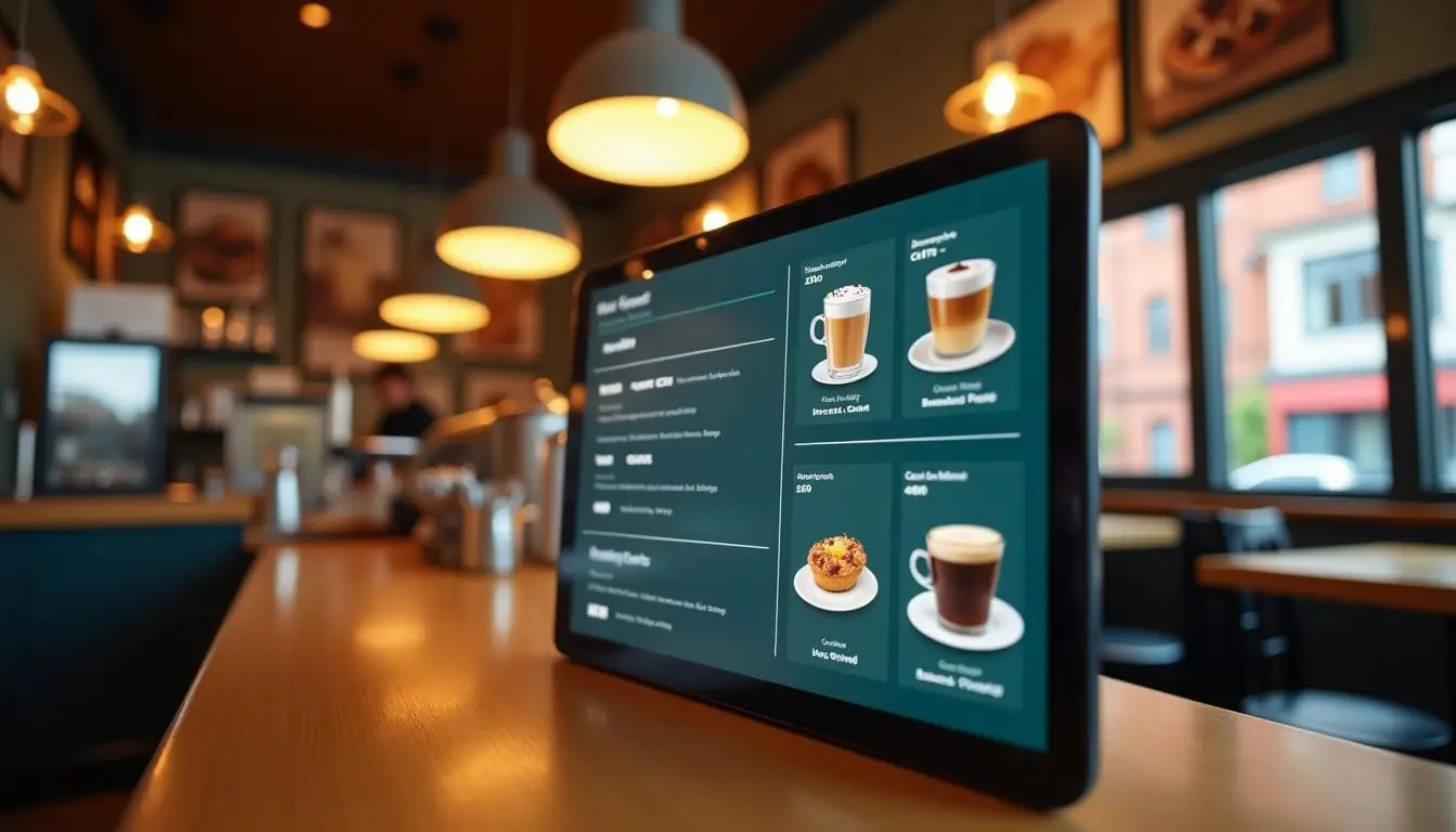 A digital menu board in a cozy coffee shop with coffee drinks and pastries. A digital menu board in a cozy coffee shop with coffee drinks and pastries.