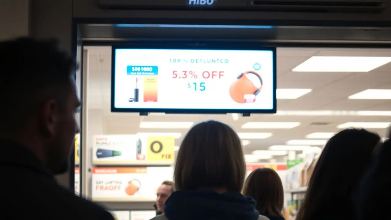 A digital sign in a retail store displaying colorful product images. A digital sign in a retail store displaying colorful product images.