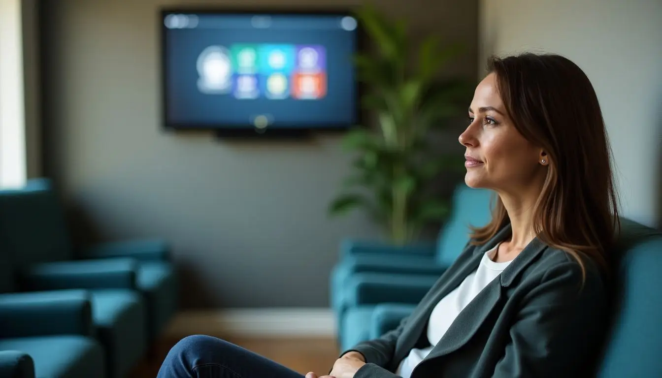 A woman in her 40s sits in a cozy waiting room.