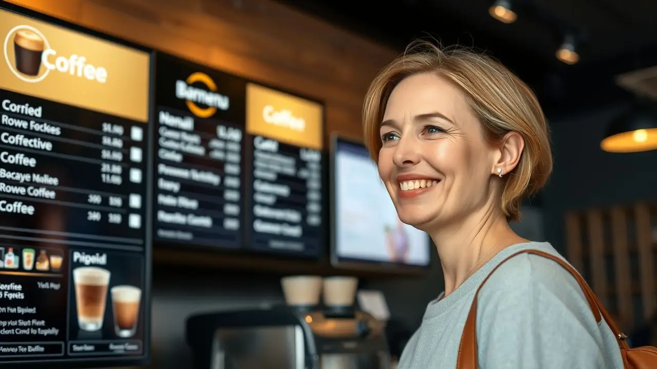 A woman in a coffee shop looks at a digital menu. A woman in a coffee shop looks at a digital menu.