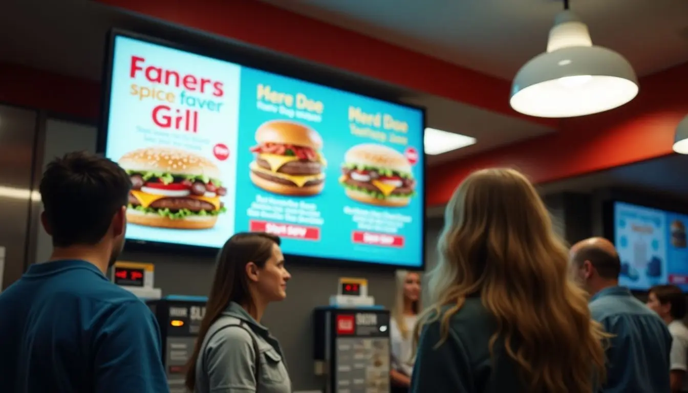A fast-food restaurant's digital sign displaying menu items and deals. A fast-food restaurant's digital sign displaying menu items and deals.