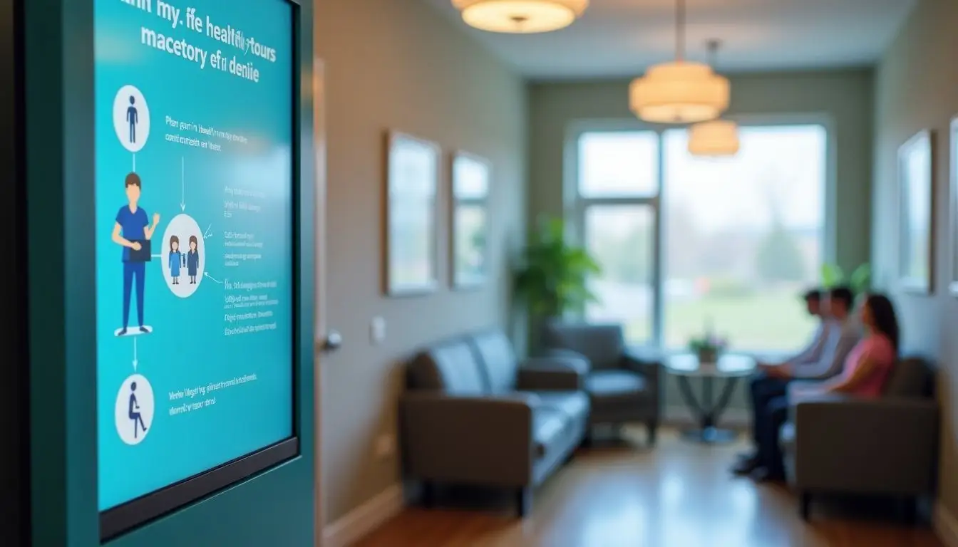 A digital signage screen in a medical waiting room displays educational health information.