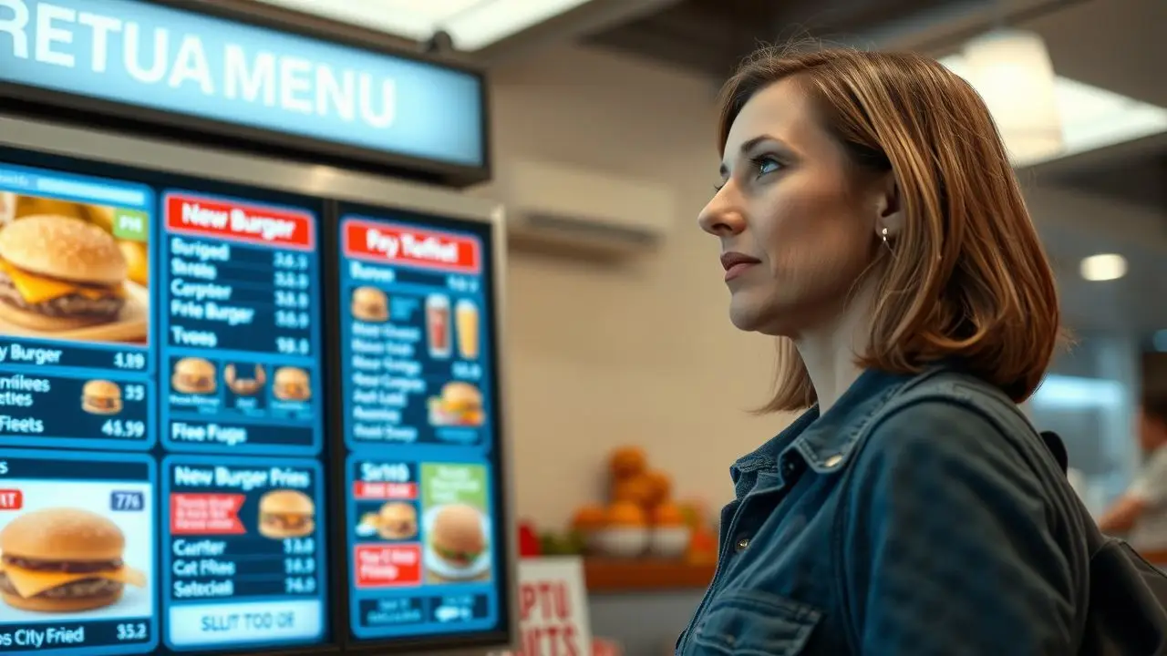 A woman looks at a digital menu board in a fast-food restaurant. A woman looks at a digital menu board in a fast-food restaurant.