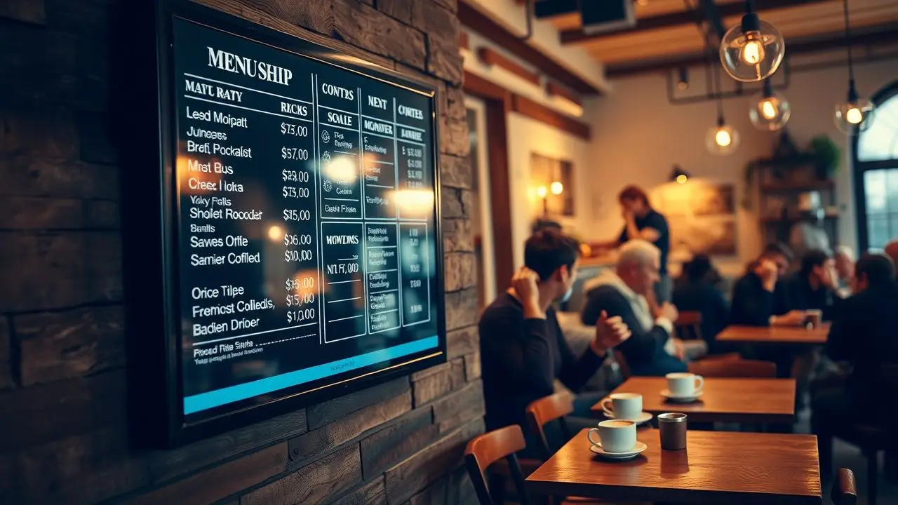 A digital menu board in a cozy coffee shop with customers. A digital menu board in a cozy coffee shop with customers.