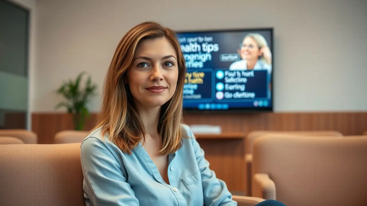 A woman sitting in a doctor's office waiting room with digital signage.