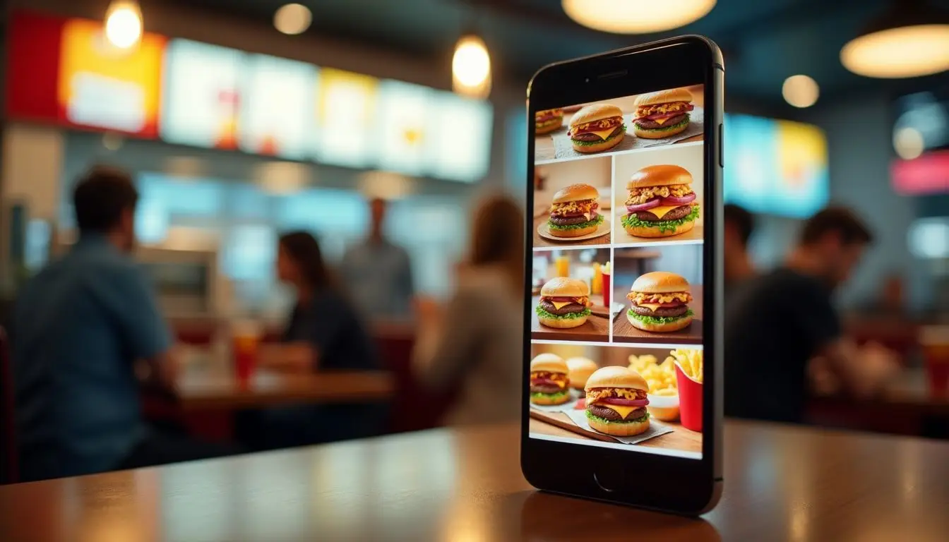 A vibrant display of fast food items in a busy restaurant. A vibrant display of fast food items in a busy restaurant.