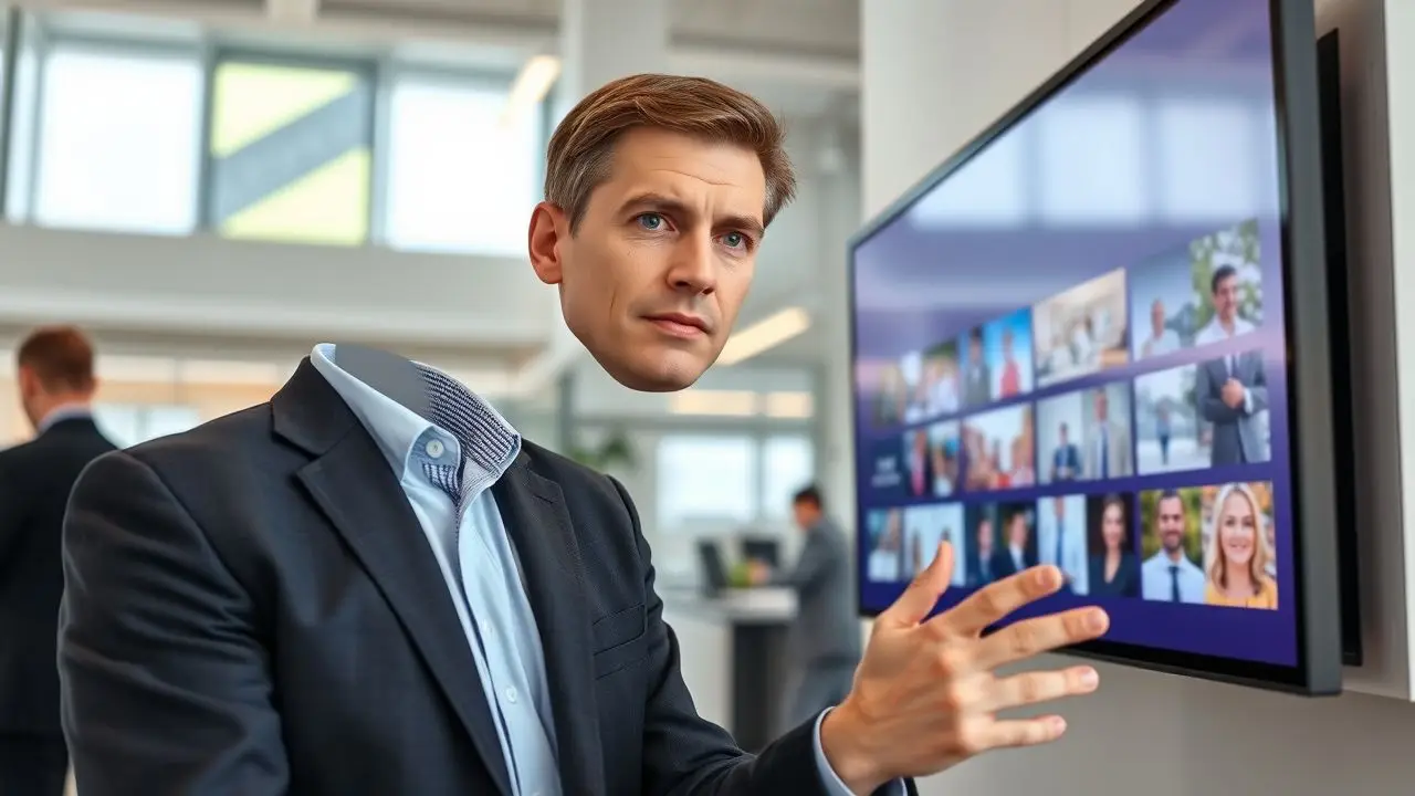 A man in business attire interacts with digital signage in an office. A man in business attire interacts with digital signage in an office.