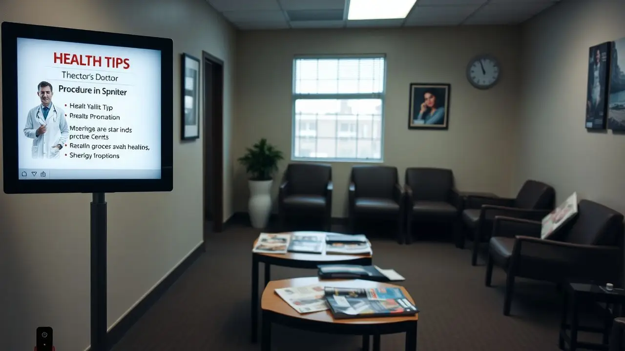 A doctor's office waiting room with comfortable seating and health tips.