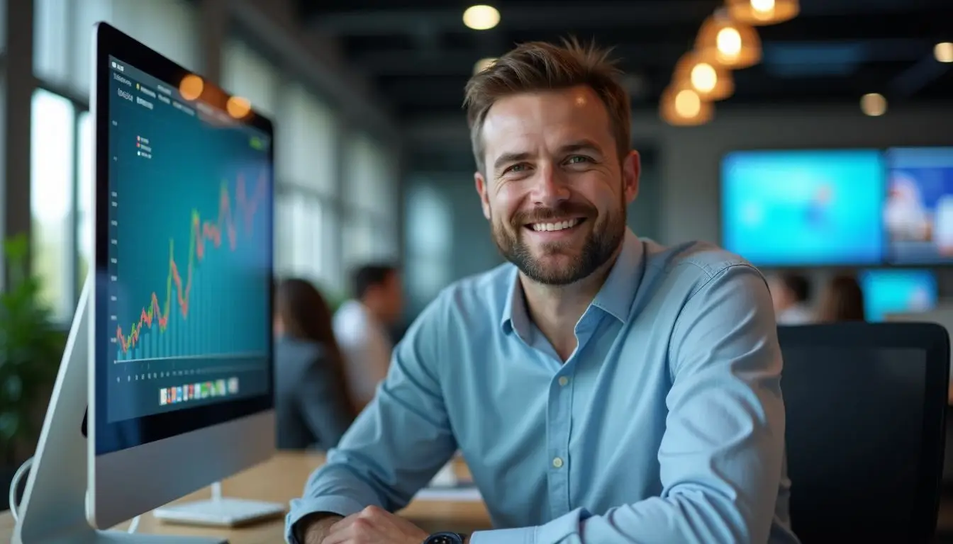 A man sitting in a modern office with digital displays. A man sitting in a modern office with digital displays.