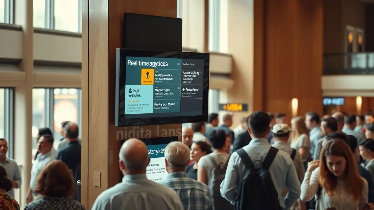 Digital signage in hotel lobby displays real-time updates for guests.