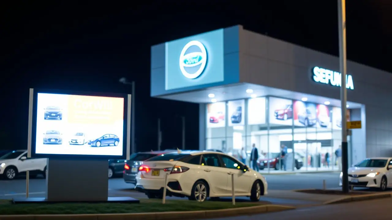 A digital signage display outside a car dealership showcases various car models. A digital signage display outside a car dealership showcases various car models.