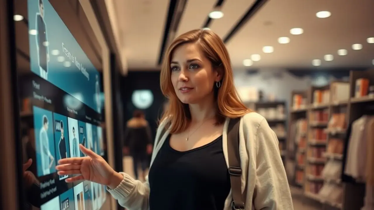 A woman in a retail store using a digital product display. A woman in a retail store using a digital product display.