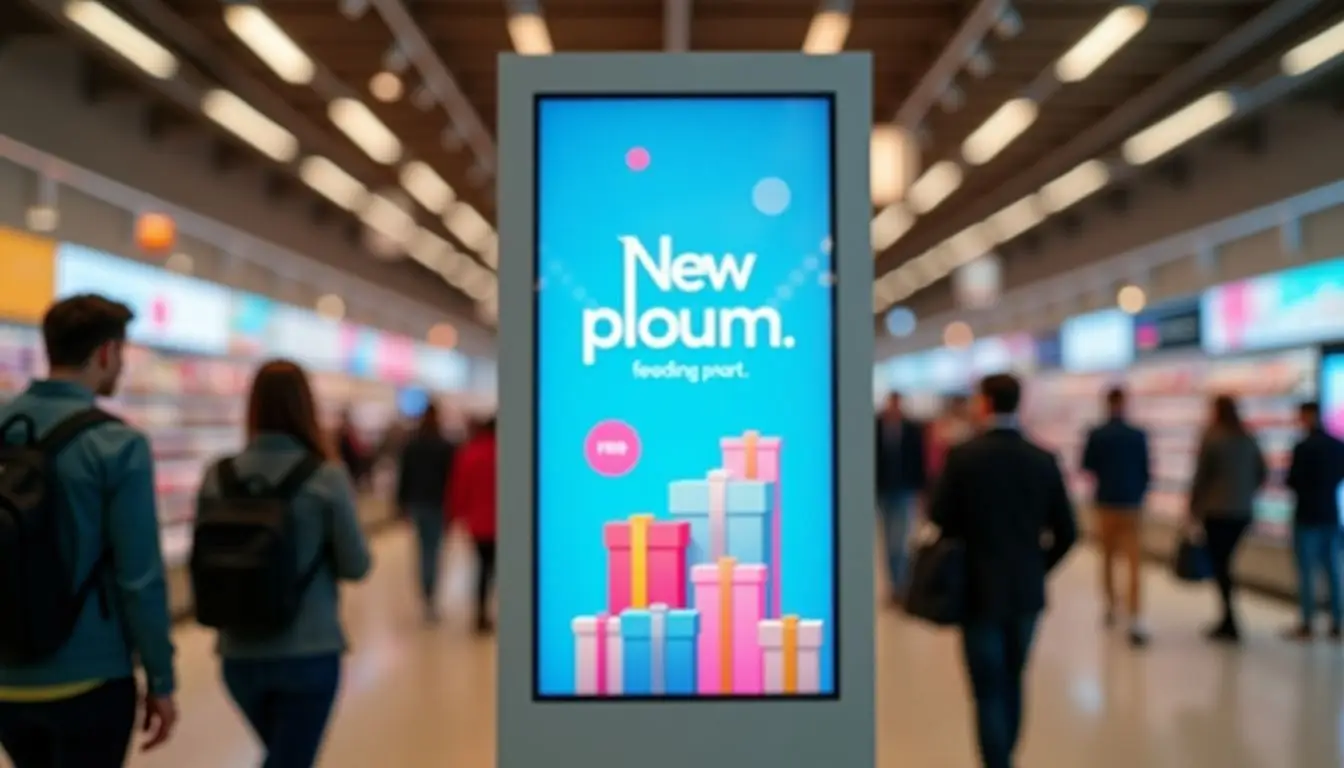 A retail store digital signage promoting products to shoppers. A retail store digital signage promoting products to shoppers.