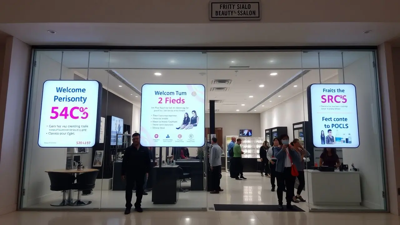 A modern beauty salon with bright digital signs and inviting atmosphere. A modern beauty salon with bright digital signs and inviting atmosphere.