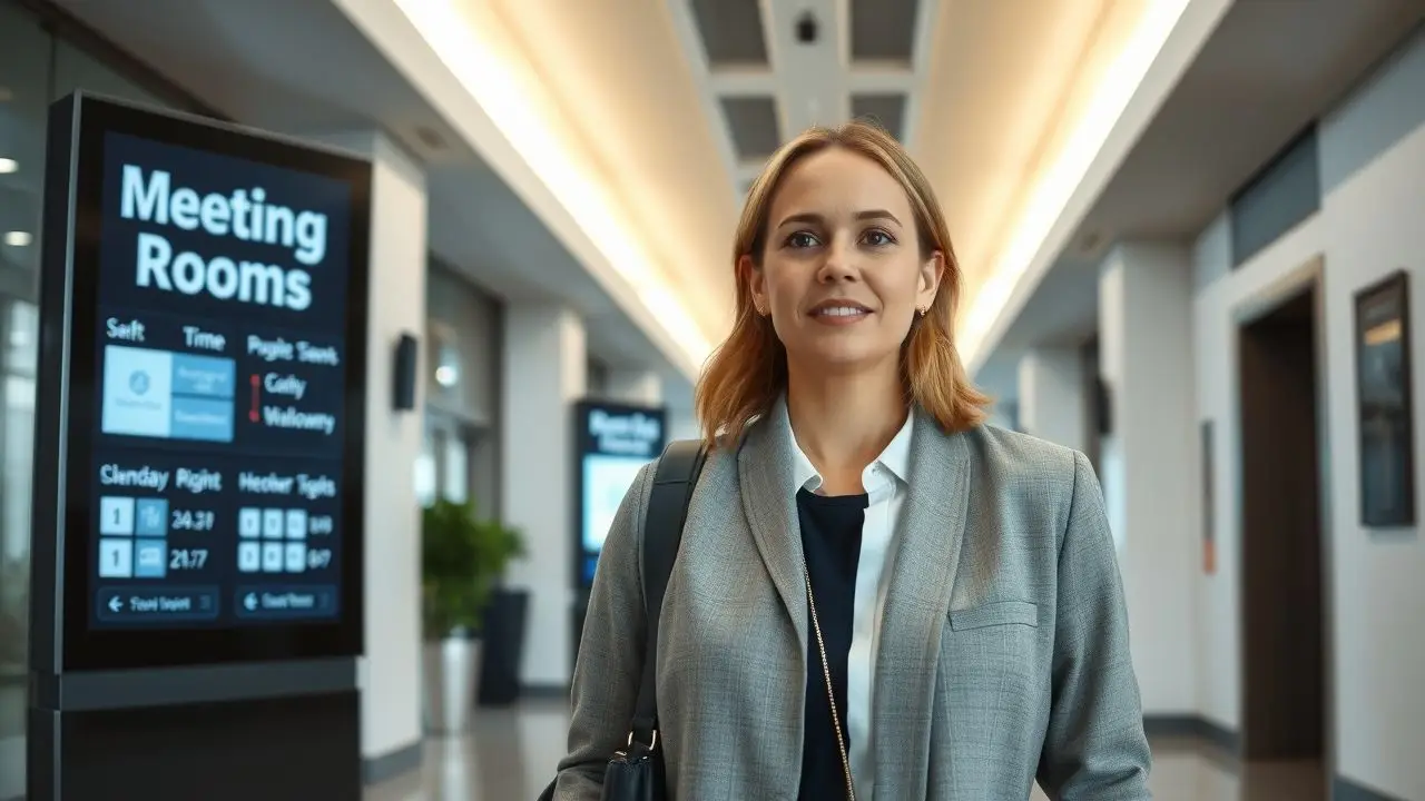 A woman in business attire walks through a modern office lobby. A woman in business attire walks through a modern office lobby.