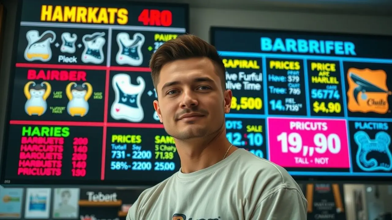 A barber standing in front of a digital sign in a modern barbershop. A barber standing in front of a digital sign in a modern barbershop.