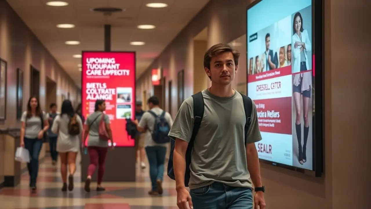 A college student walks by a digital signage display in a campus hallway. A college student walks by a digital signage display in a campus hallway.