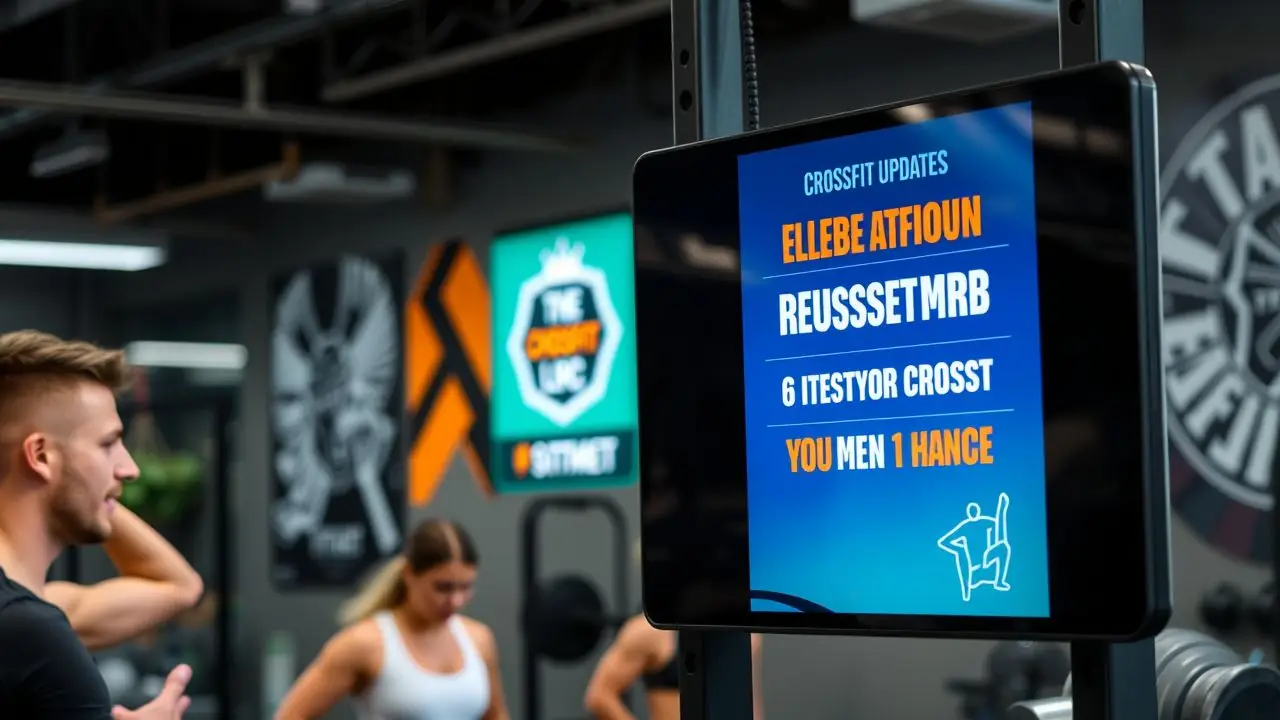 A digital signage display in a CrossFit gym shows real-time updates and motivational messages. A digital signage display in a CrossFit gym shows real-time updates and motivational messages.
