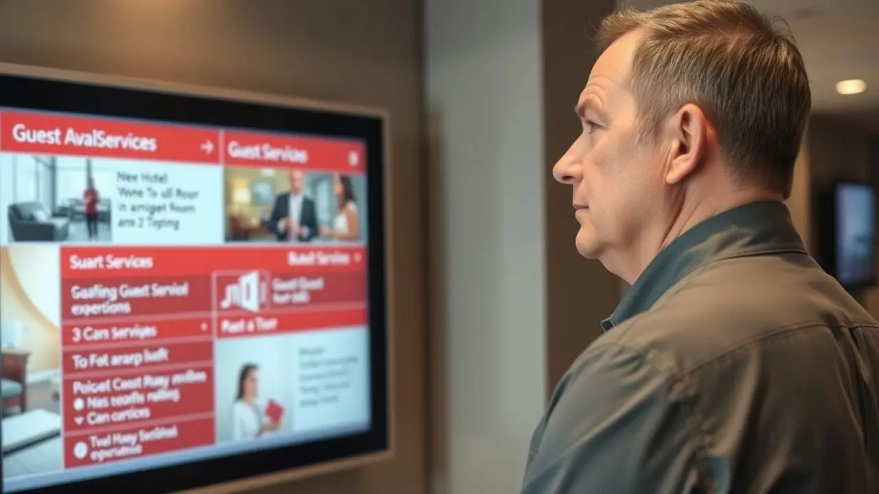 A hotel manager interacts with a digital signage display in the lobby.