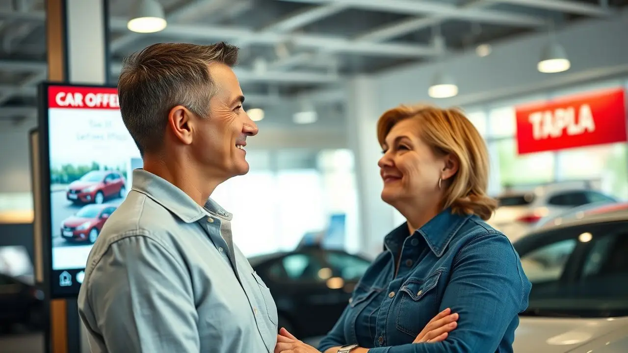 A couple in their 40s checking out new cars at a dealership. A couple in their 40s checking out new cars at a dealership.