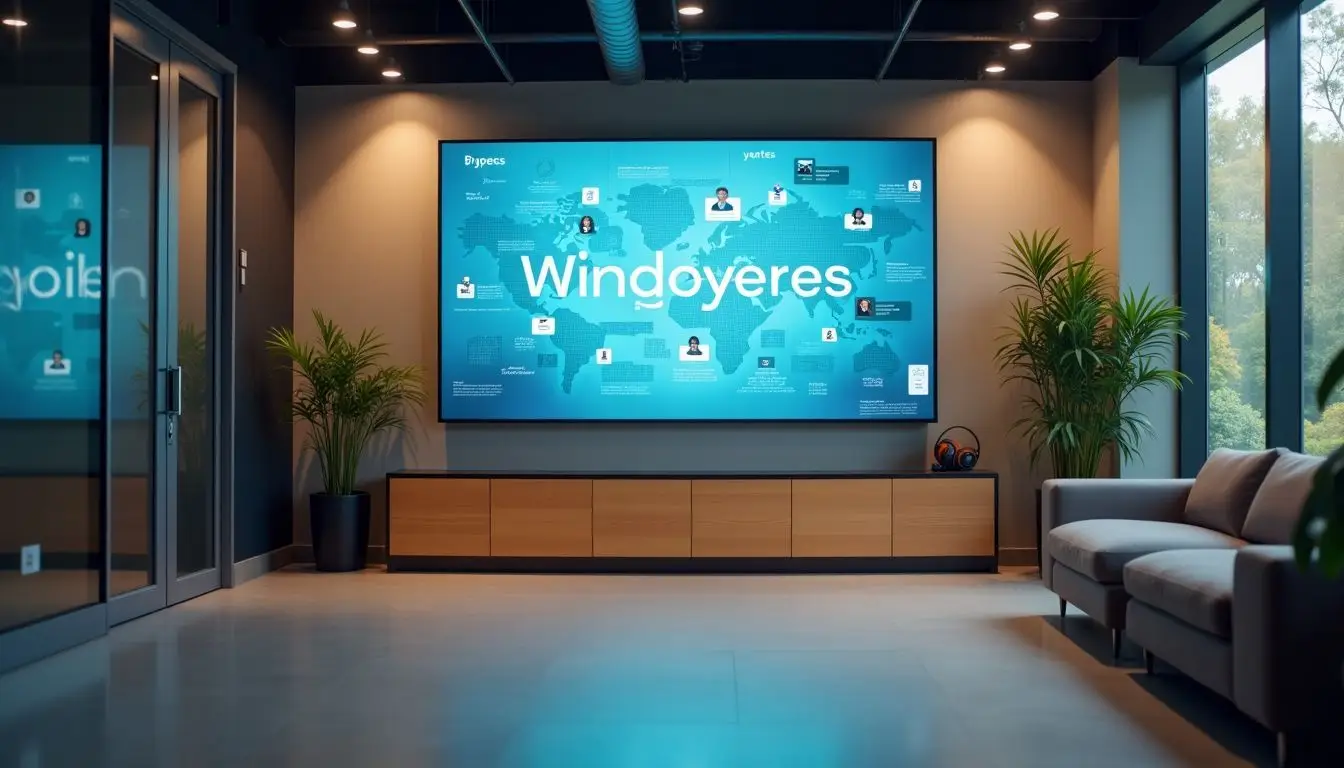 A modern office lobby with engaging digital screen content for employees.