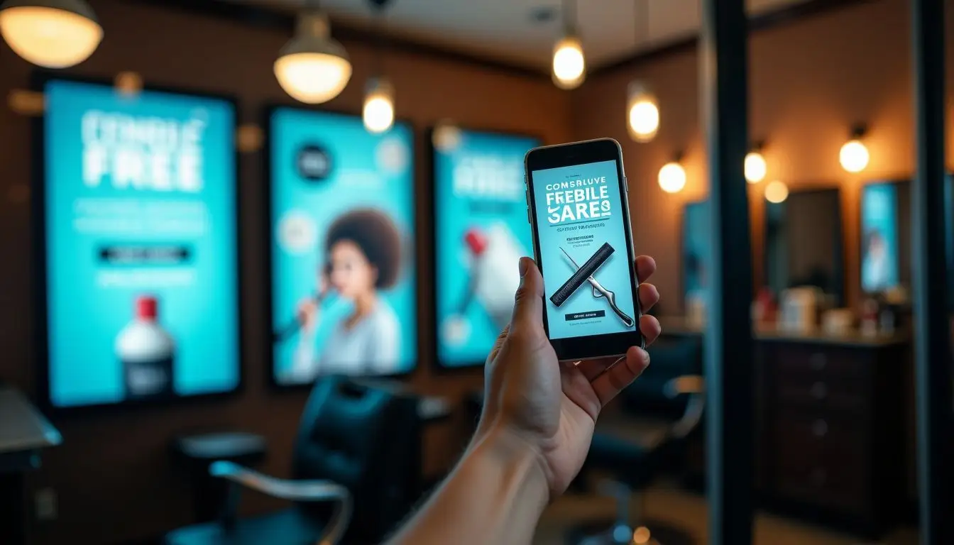 A barber shop with digital signs advertising hair care products and promotions. A barber shop with digital signs advertising hair care products and promotions.